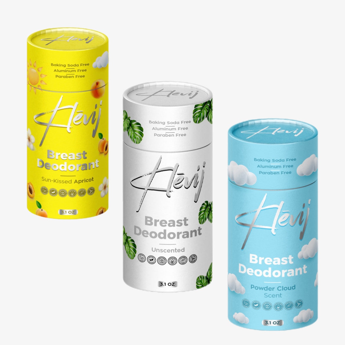 "Klevij Breast Deodorant Bundle: 3-Pack Variety - Unscented, Watermelon, Powder Cloud, SunKissed Apricot"