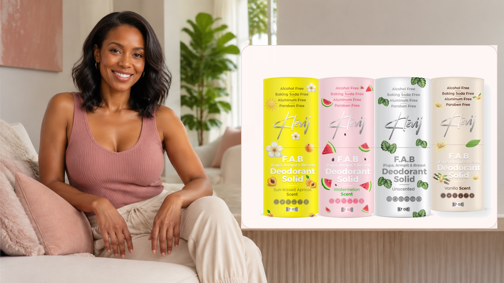 Woman relaxing beside four Klevij F.A.B. Deodorant products